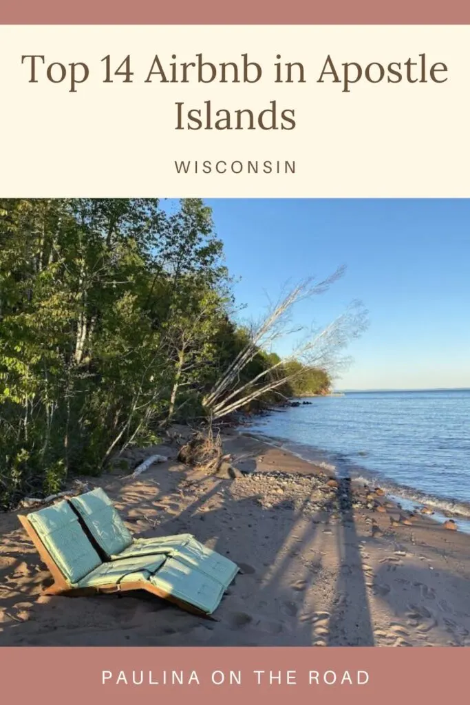 a pin with 2 sits on the beach at one of the airbnbs in Apostle islands, Wisconsin. 