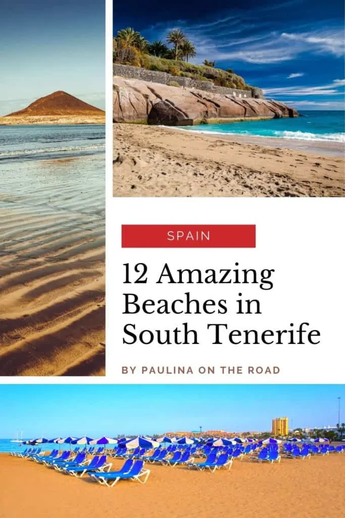 Pin with three images of beaches in Tenerife, text in middle of pin reads: Spain - 12 Amazing beaches in South Tenerife