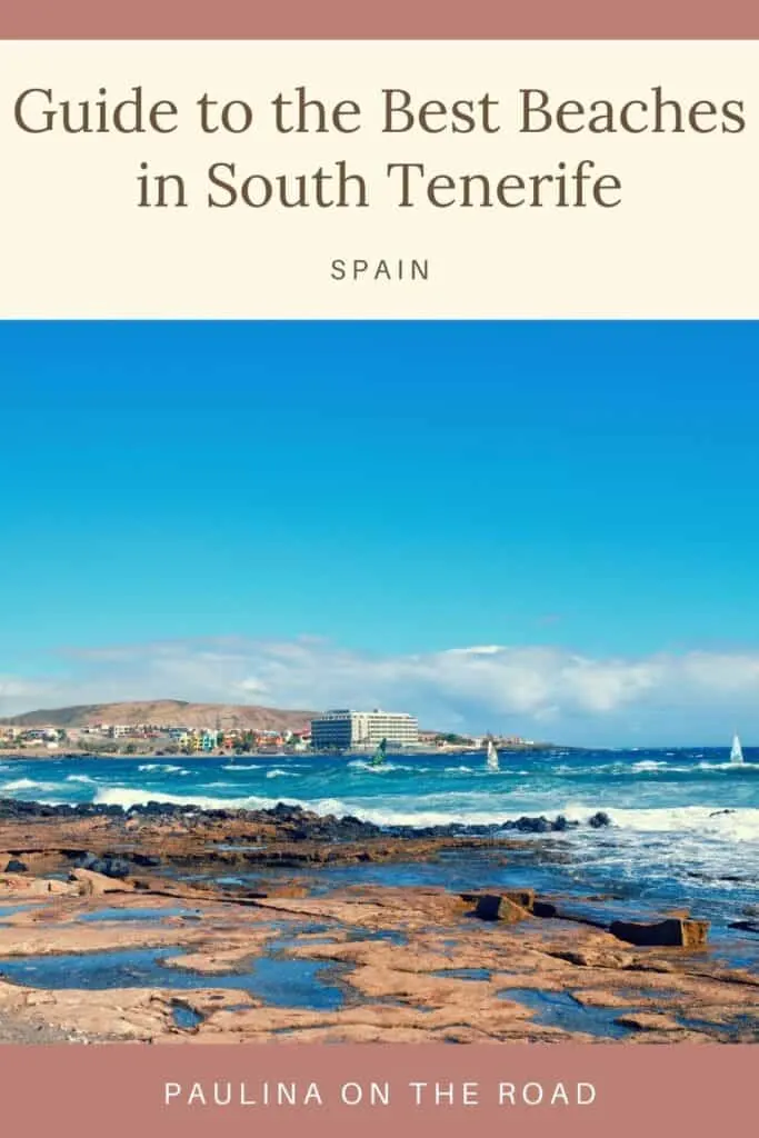 Pin with image of a rocky beach with small incoming waves under a clear blue sky and a city skyline in the distance with a beyond that, text above image reads: guide to the best beaches in south tenerife
