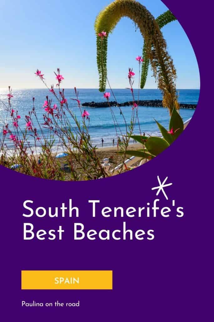 Pin with close up image of pink flowers with beach in background under a clear blue sky, text below image reads: south tenerife's best beaches - spain