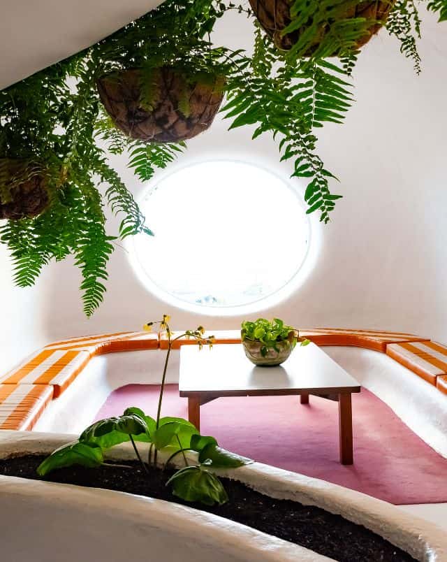 what to do in Puerto de la Cruz, Interior seating area with low padded benches around the walls and a coffee table with a bowl of green plants in the middle next to a large circular window