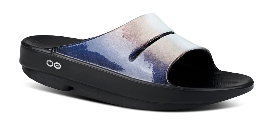 vegan summer shoes, single sandal with black base and sparkly blue partial cover strap