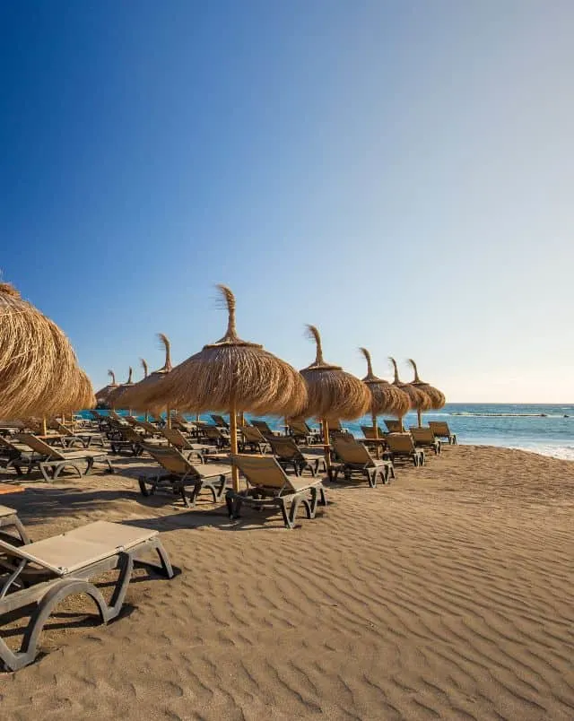 best beaches in Tenerife South, White sandy beach on which sit lines of cream coloured deck chairs with accompanying brush beach umbrellas with the sea behind all under a bright blue sky
