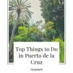 Pin with image looking up at green trees in a botanical garden, text under image reads: top things to do in puerto de la cruz tenerife