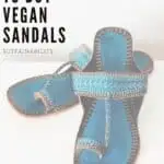 Pin with faded image of blue and black flat sandals with ornate detailing along ages and straps, text in upper left corner reads: Where to buy vegan sandals - Sustainability