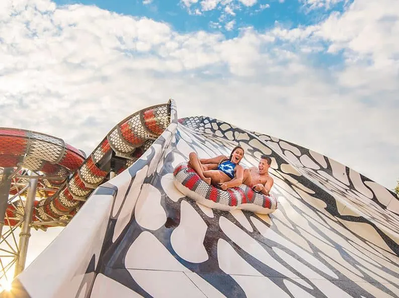a couple in a water slide at Noah's Ark Waterpark, Wisconsin Dells