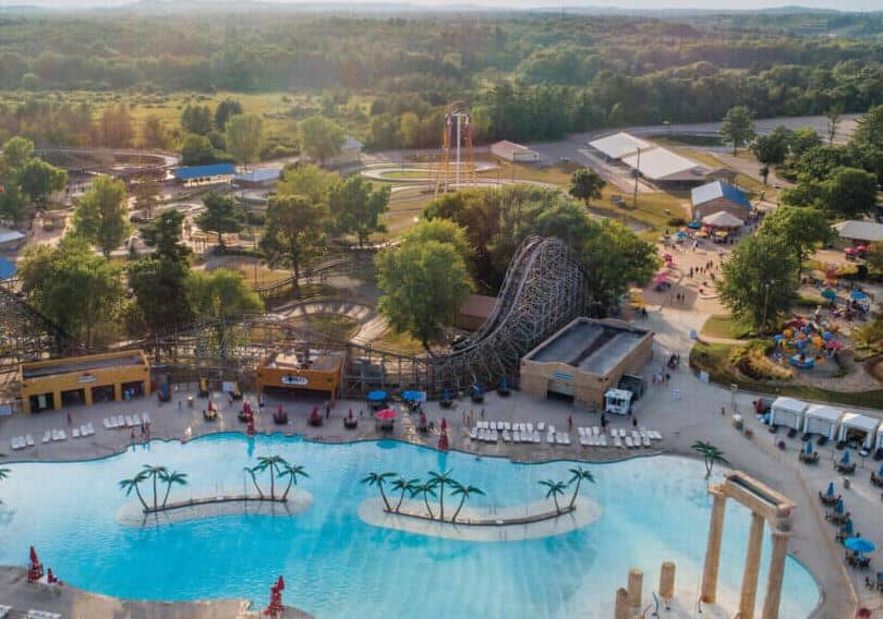 aerial view of Mt. Olympus Resort with pools and entertainment aereas - 15 Best Family Cabins in Wisconsin