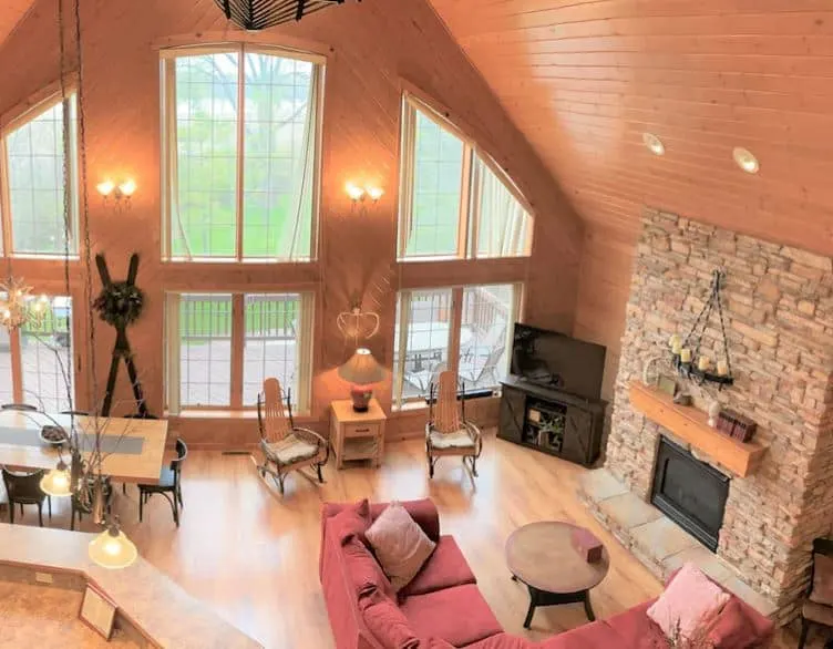 aerial view of the living room at Clearview Lodge by StayatLakeGeneva Wiscosnin one of the best airbnbs in Lake Geneva - 10 Best Airbnbs in Lake Geneva, Wisconsin