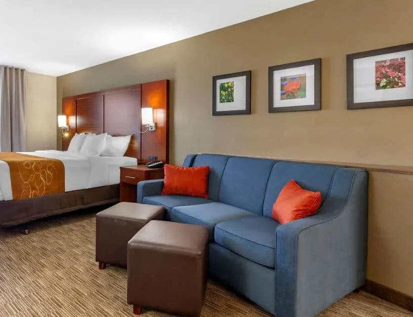 bedroom with comfortable bed and blue sofa at Comfort Suites Oshkosh Wisconsin - 14 Cool Hotels in Oshkosh for All Budgets