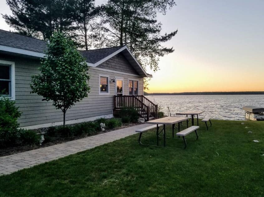 garden view with patio and lake view at Waters Edge in Woodruff Wisconsin - 13 Best Lake Cabins in Wisconsin