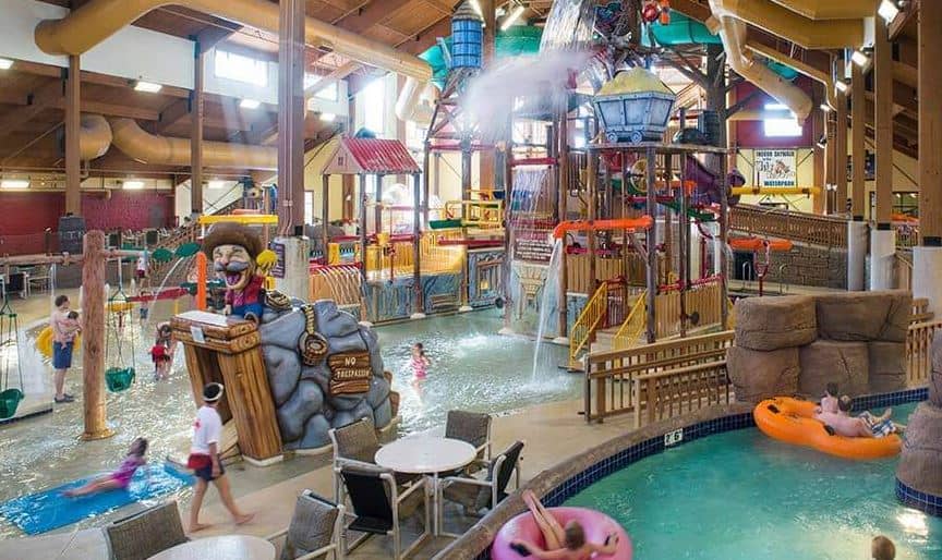 indoor pools and entertainment areas with kids having fun at Klondike Kavern Waterpark, Wisconsin Dells