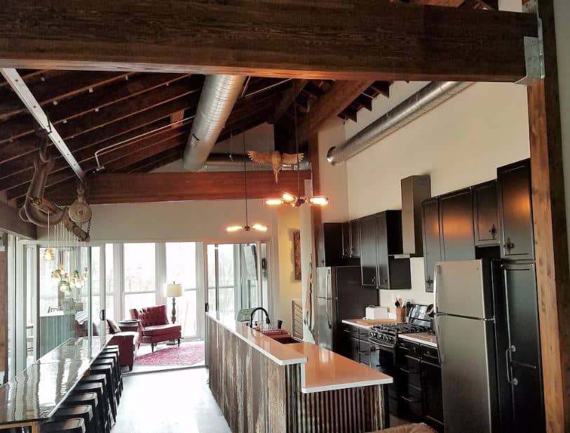 open kitchen area with living room at the downtowner Lake Geneva - 10 Best Airbnbs in Lake Geneva, Wisconsin
