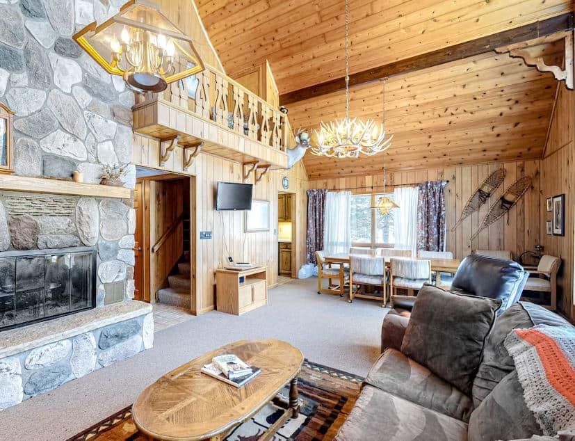 rustin interior of a living room at Lakefront A Frame on Muskellunge Lake Wisconsin - 13 Best Lake Cabins in Wisconsin