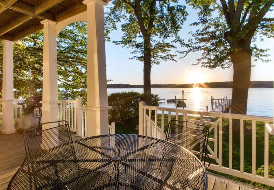 view with the lake at sunset from the Adorable Lakefront Home, Wisconsin