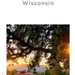 a pin with one of the best hotels in Door County, Wisconsin at sunset and surrounded by green areas.