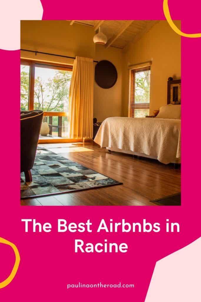 a pin with with the interior of a bedroom at an airbnb in Racine, Wisconsin. 