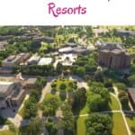 a pin with an aerial view of green bay, Wisconsin where you can find the best green bay resorts