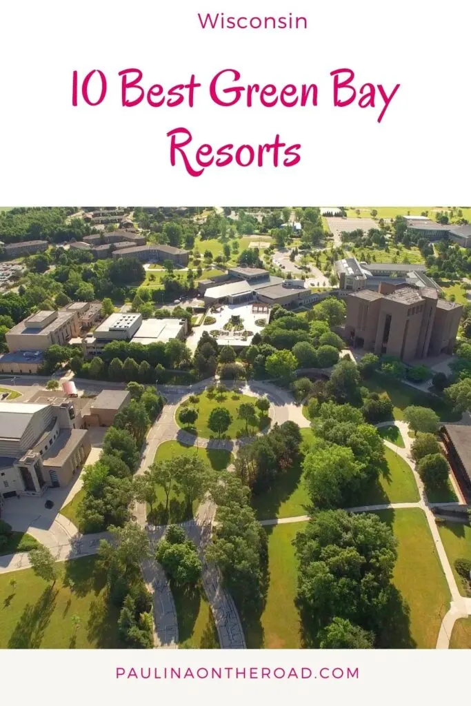 Green Bay Resorts a pin with an aerial view of green bay, Wisconsin where you can find the best green bay resorts
