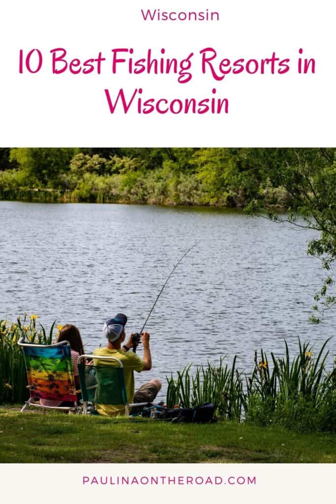 a pin with a couple fishing by the lake at one of the best fishing resorts in Wisconsin.