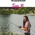 a pin with a girl fishing by the lake in Wisconsin