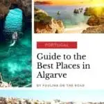Pin with three pictures, 1st is a small boat travelling in clear green ocean water through an archway in a rock formation, 2nd is a beach and rock formations lit by powerful rays of the setting sun, 3rd is a harbour with boats moored in the sea next to a large built up area, caption reads: Portugal, Guide to the Best Places in Algarve by Paulina on the Road