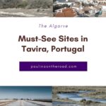 Pin with four images showing a field of grass and green trees, a built up area of residential buildings, a series of outdoor agricultural works and a marsh of flooded grassland, caption reads: The Algarve, Must-see sites in Tavira, Portugal from Paulinaontheroad.com