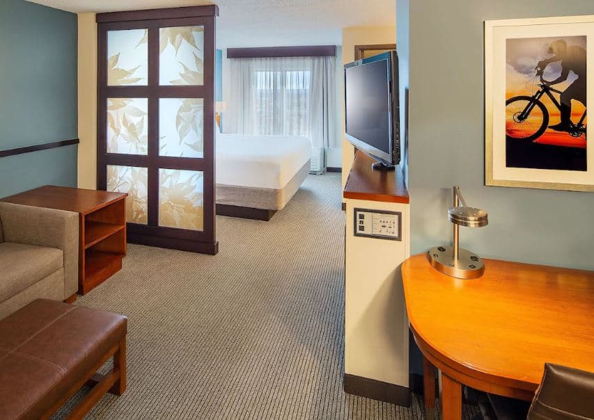 cozy room with a sofa tv and bedroom at the Hyatt Place Madison Downtown Wisconsin - 12 Best Pet-Friendly Resorts in Wisconsin