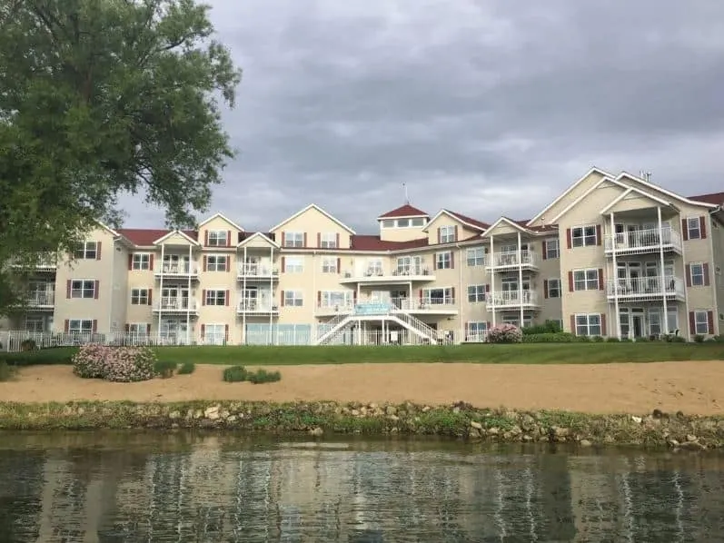 exterior of the Delavan Lake Resort, Wisconsin with the resort located on the lake