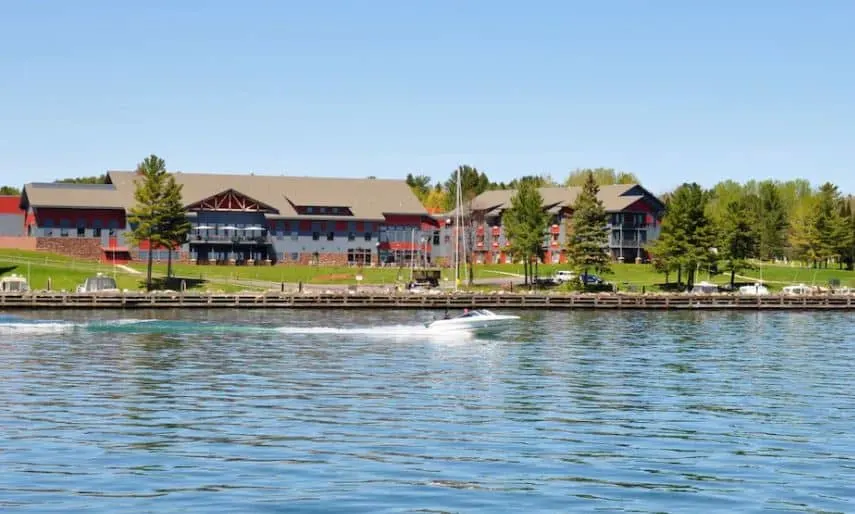 view from the lake of the Legendary Waters Resort Casino in Bayfield Wisconsin - 12 Gorgeous Lakefront Resorts in Wisconsin
