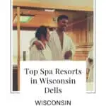 a pin with a couple taking to another person outside a spa facility at one of the best spa resorts in Wisconsin dells