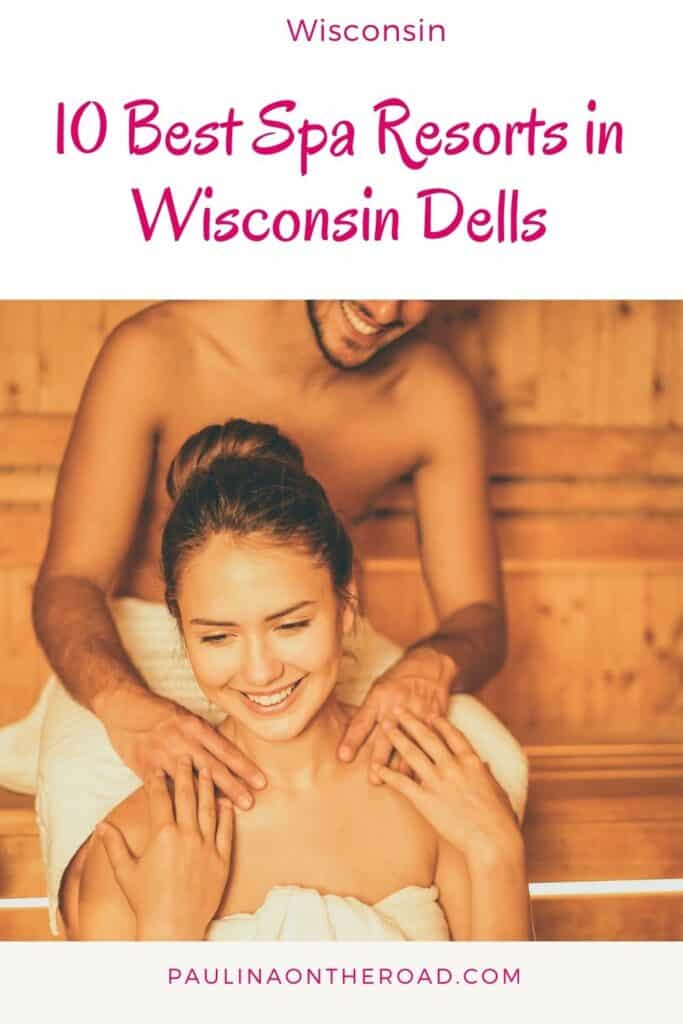 a pin with a couple relaxing in a sauna at one of the best spa resorts in Wisconsin Dells