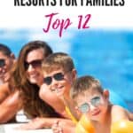 a pin with a family having fun by the pool at one of the best Wisconsin lake resorts for families