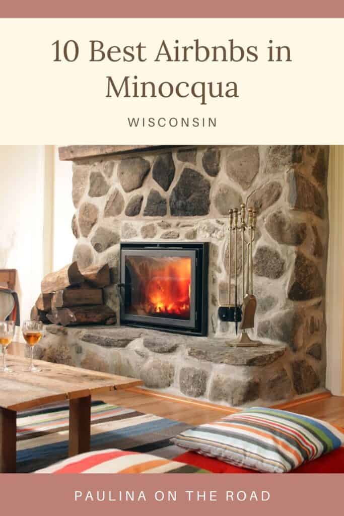 a pin with a fireplace at one of the best Airbnbs in Minocqua, Wi