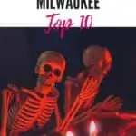 Pin with image of two skeletons sat at a table, one waving at camera while the other looks like they are talking to someone across the table, text above image reads: Halloween events in Milwaukee, top 10