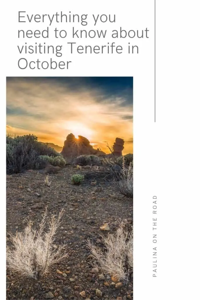 Pin with image of sunlight pouring through gap in the top of a rock formation standing behind a rocky desert area with some small shrubs under a dramatic cloudy sky at dawn, caption reads: Everything you need to know about visiting Tenerife in October from Paulina on the Road