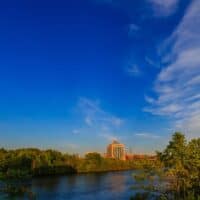 Wisconsin River with Wausau skyline where you can find best airbnbs in Wausau