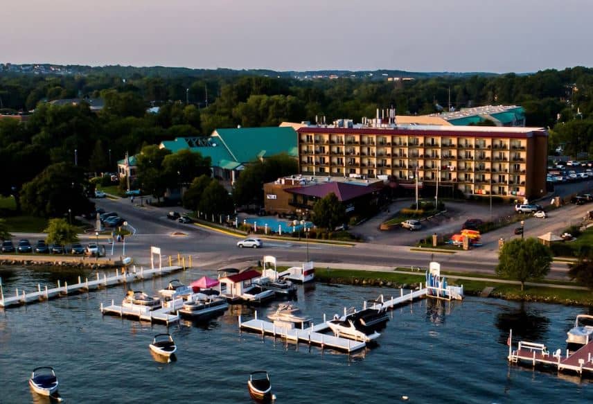 aerial view of the front of the Harbor Shores on Lake Geneva, Wisconsin, one of the best resorts in Southern Wisconsin