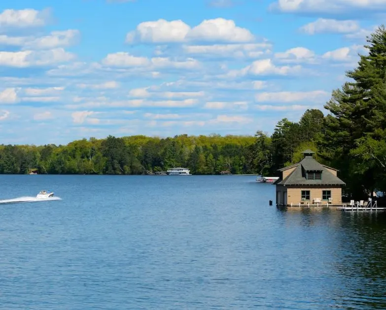 standard studio right on the lake with trees at the back and a boat