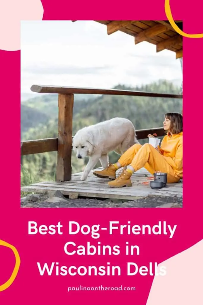 Dog-Friendly Cabins in Wisconsin Dells a pin with a woman drinking a tea with her dog beside here at one of the best dog-friendly cabins in Wisconsin dells