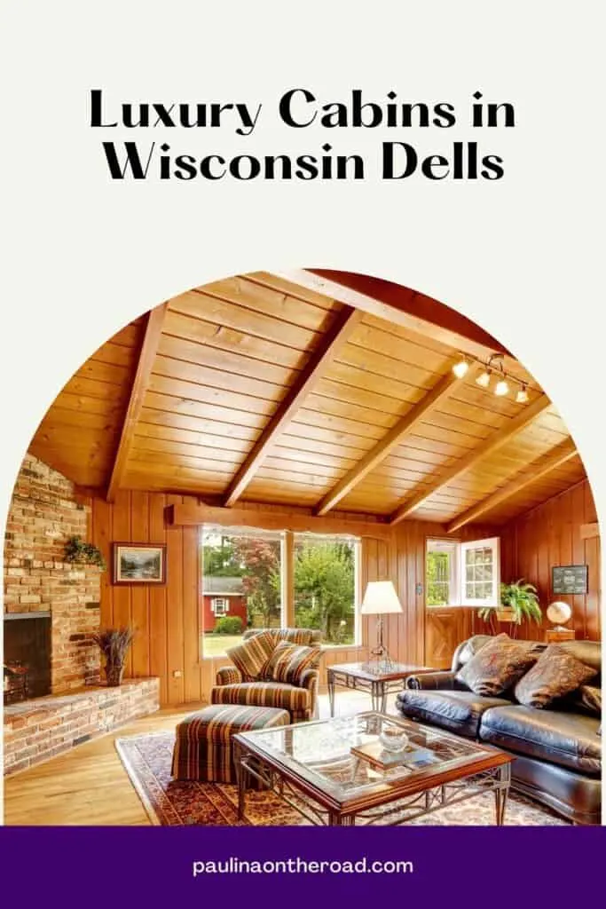 a pin with a living room at one of the best luxury cabins in Wisconsin Dells