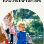 a pin with kids having fun with their parents at Lake Michigan resorts for families.