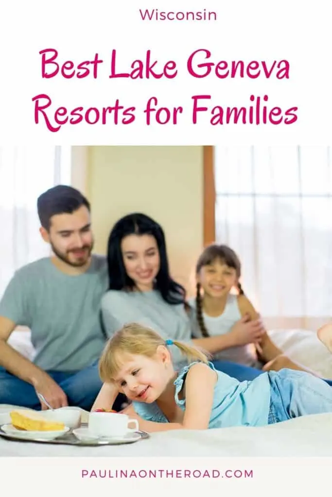 a pin with a family in a hotel room at one of the best lake geneva resorts for families