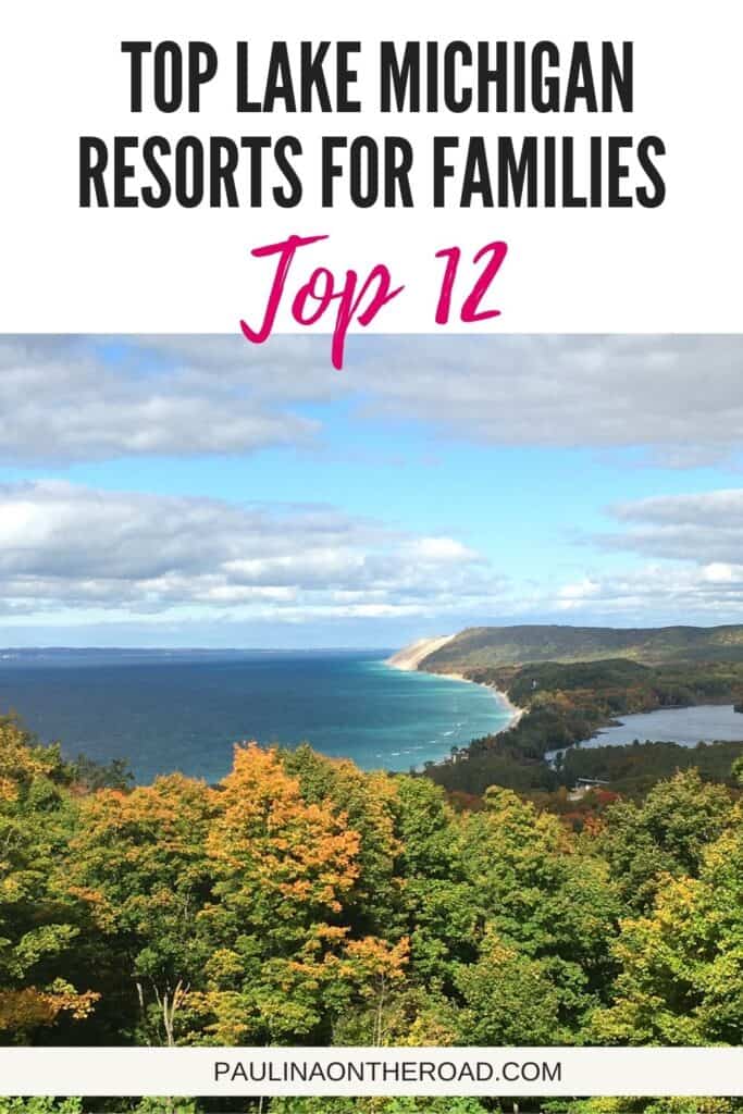 a pin with an aerial view of a lake surrounded by forest where you can find some of the best Lake Michigan resorts for families. 