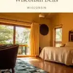 a pin with a cozy bedroom at one of the best luxury cabins in Wisconsin Dells