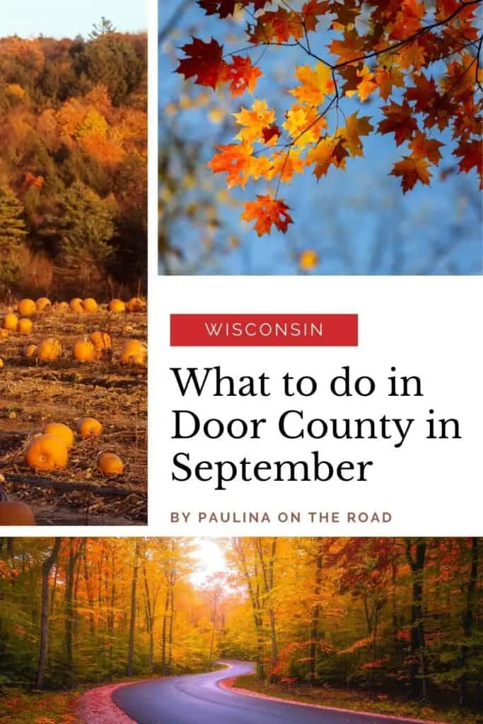 Pin with trio of images of fall foliage, 1st is close up shot of autumn leaves on a tree branch, 2nd is of a pumpkin patch in front of a dense fall-colored forest, 3rd is of a tarmac road winding through a forest full of trees with yellow and orange leaves, caption reads: Wisconsin, What to do in Door County in September by Paulina on the Road