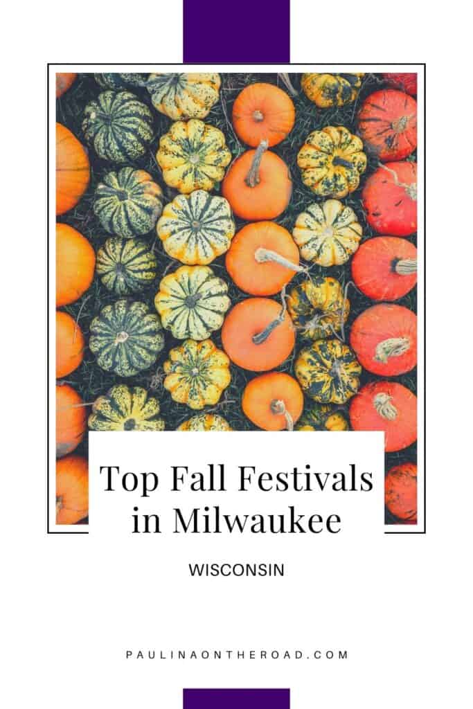 Pin with image of an overhead shot of neatly arranged lines of different colored pumpkins, caption reads: Top Fall Festivals in Milwaukee Wisconsin from Paulinaontheroad.com
