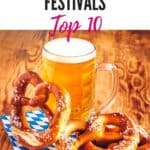 Pin with image of a pint glass of beer with several sweet pretzels nearby all sitting on checkered place mat on a smooth wooden table, caption reads: Milwaukee Fall Festivals Top 10 from Paulinaontheroad.com