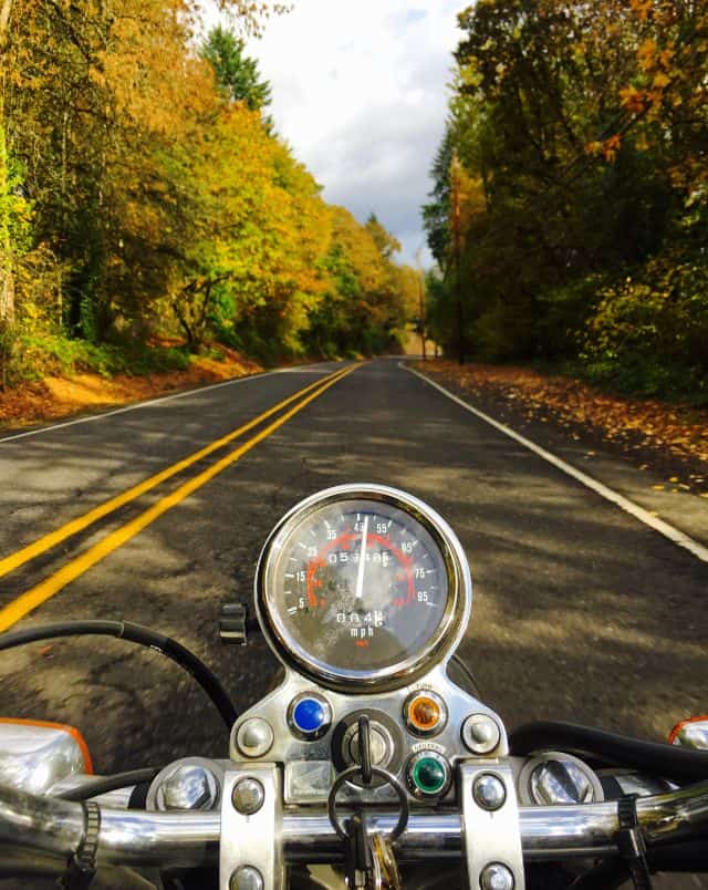 View over the handlebars and speedometer of a motorcycle of a long highway winding through an area of lush forest with trees of all different fall colors
