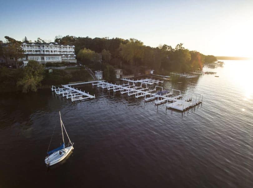 aerial view of the Geneva Inn seen from the lake in Wisconsin