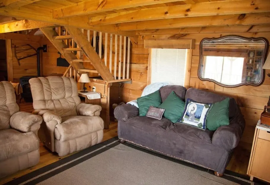 cozy living room with sofas at the Rustic Cabin - Lower Wisconsin River